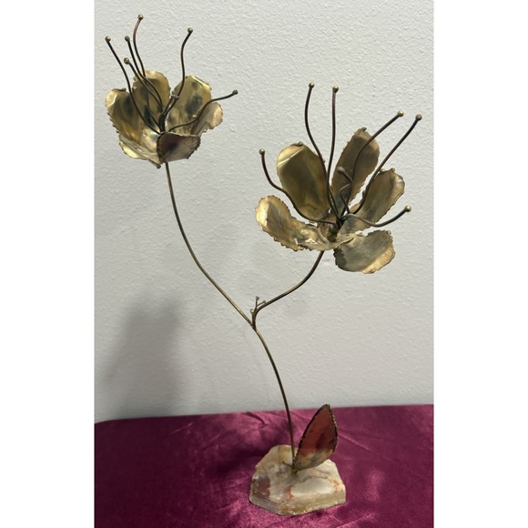 Vintage MCM Brutalist Art 70s Metal Brass /‎ Bronze? Flower Sculpture Stone Base